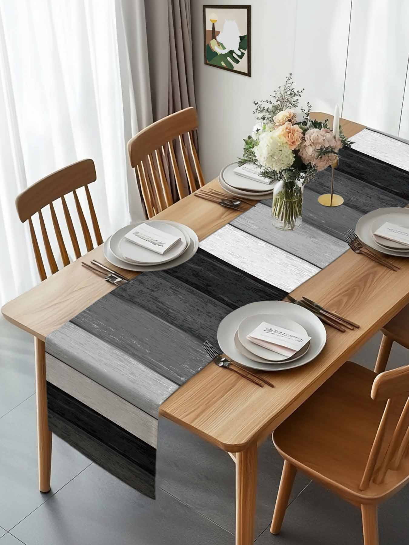 Farm Retro Wood Grain Black Gray Table Runner 90 Inches Long, Farmhouse Gradient Stripes Table Runners Tabletop Scarf Kitchen Dining Tables Decoration for Home Party Indoor Outdoor