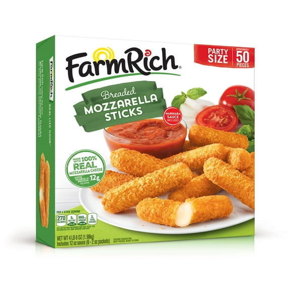 Farm Rich Breaded Mozzarella Cheese Sticks, Party Size High Protein Snack, Frozen, 70 oz