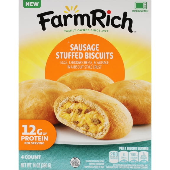 Farm Rich Sausage, Egg and Cheddar Cheese Stuffed Biscuits, Easy Bake Breakfast Snack, 14oz