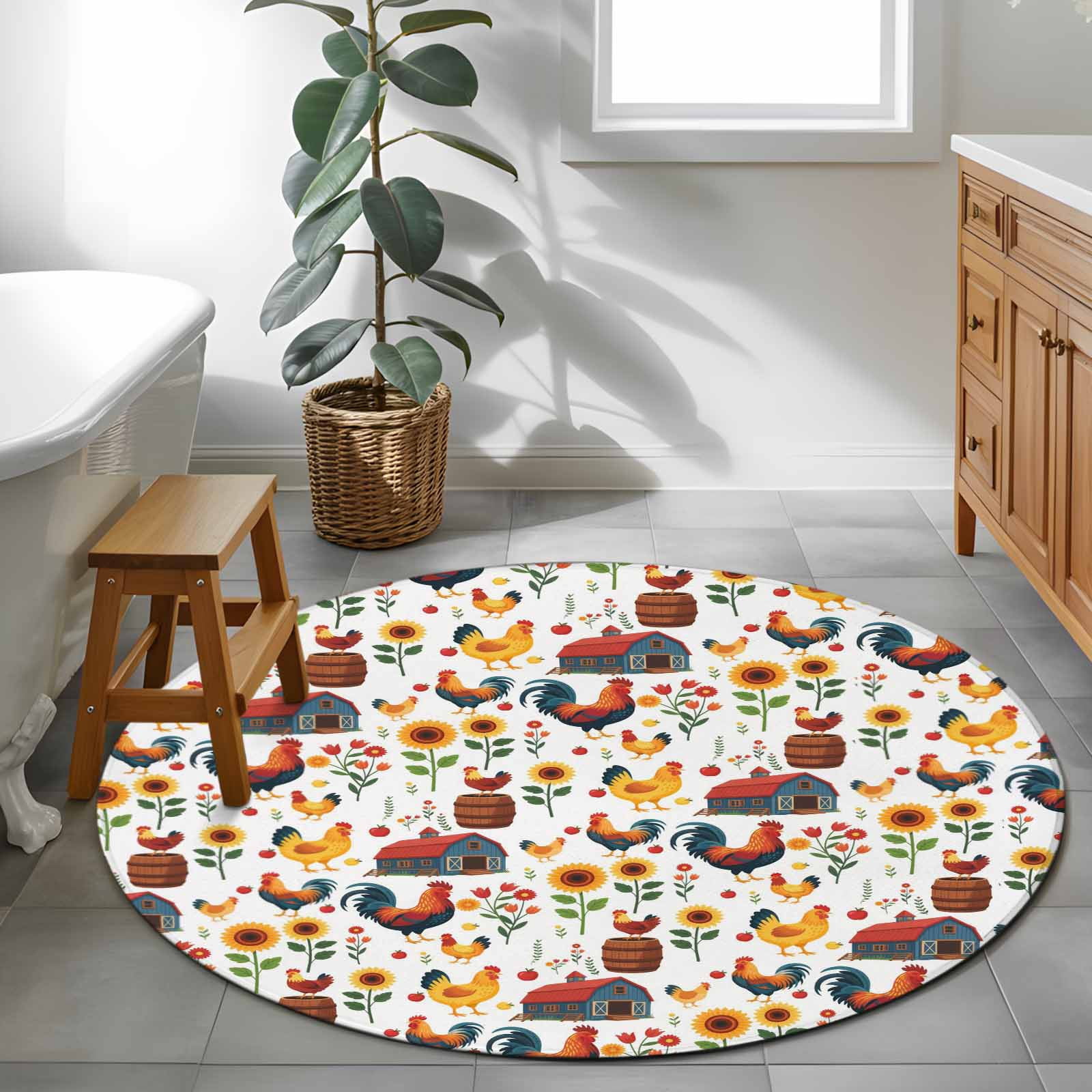 Chicken Area Rug Farm Rooster 4ft Round Rug for Cozy Reading Nook Home Office Chair Area ...