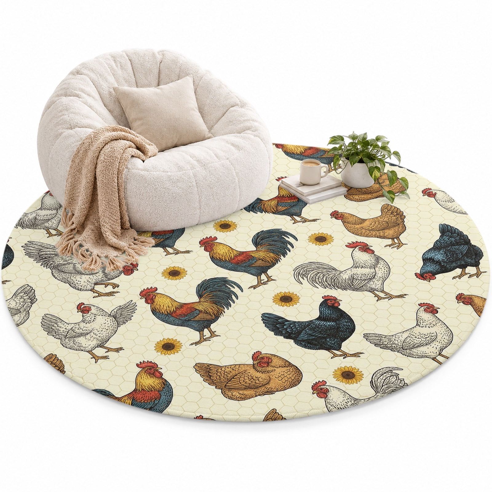 Farm Rooster Area Rug 5', Country Watercolor Brown Blue White Chicken ...