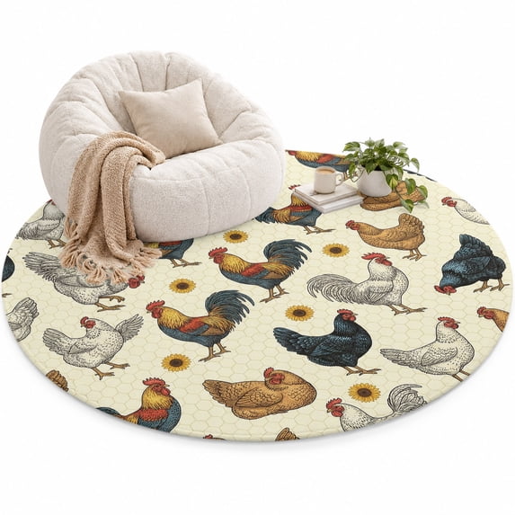 Farm Rooster Area Rug 5', Country Watercolor Brown Blue White Chicken ...
