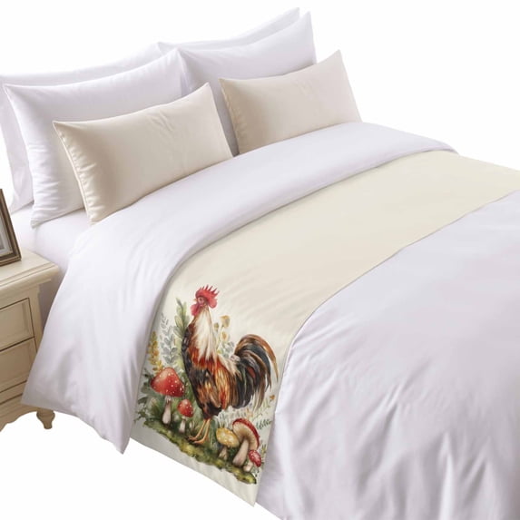 Farm Rooster Bed Runner for King Size Bed, Oil Painting Chicken Farmhouse Mushroom Animal Retro Soft Bedding Scarf Bedding Protector Slipcover Sofa Throw for Bedroom Hotel Guesthouse
