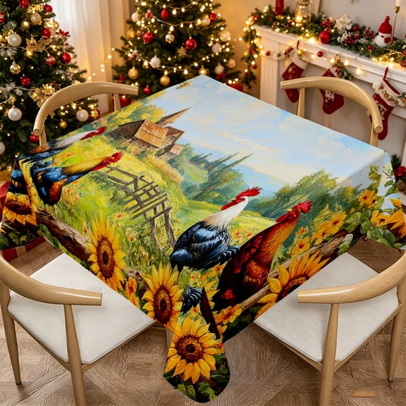 Farm Rooster Colorful Meadow Rectangle Table Cover (35x55/55x55/55x70/60x86/60x94/60x102inch), Polyester Table Cover for Farmhouse Brunch Small Holiday Party Decor
