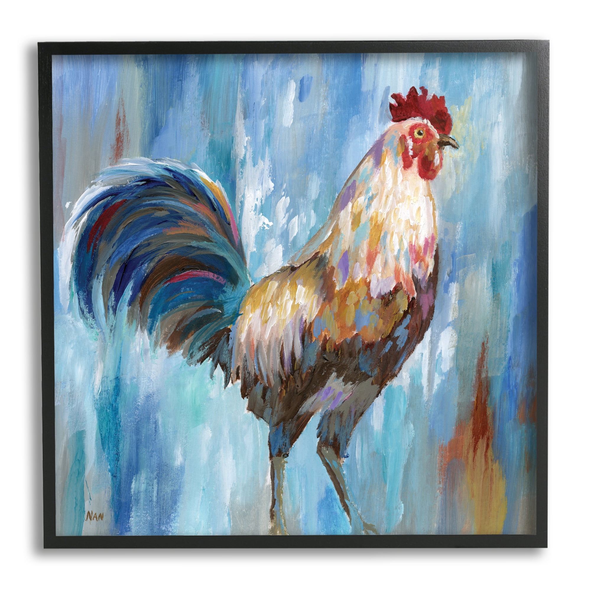 Farm Rooster Contemporary Painting Morning Country Bird Animals & Insects Framed Art Print Wall Art, 17x17