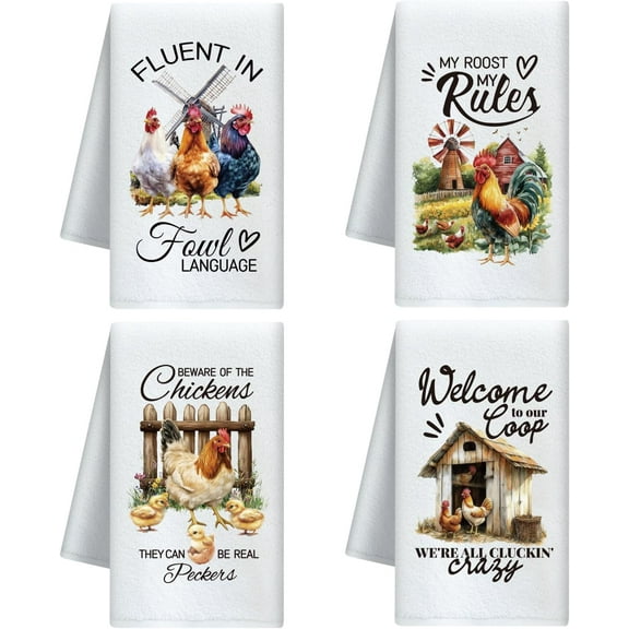 Farm Rooster Decorative Kitchen Towels Set of 4 Soft & Absorbent Microfiber Dish Towel for Kitchen Tea Coffee Bar Home Best Gift for Housewarming Christmas Thanksgiving Birthday