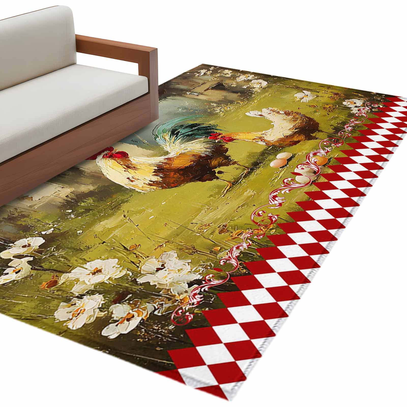Farm Rooster Hen Area Rug 4x6ft Farmhouse Flower Vintage Oil Painting ...