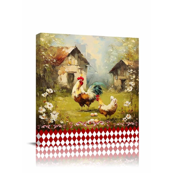 Farm Rooster Hen Canvas Wall Art, Farmhouse Flower Vintage Oil Painting Framed Wall Decor Modern Artwork Prints Painting for Living Room, Bedroom, Kitchen & Cafe Decor 28x28 Inch