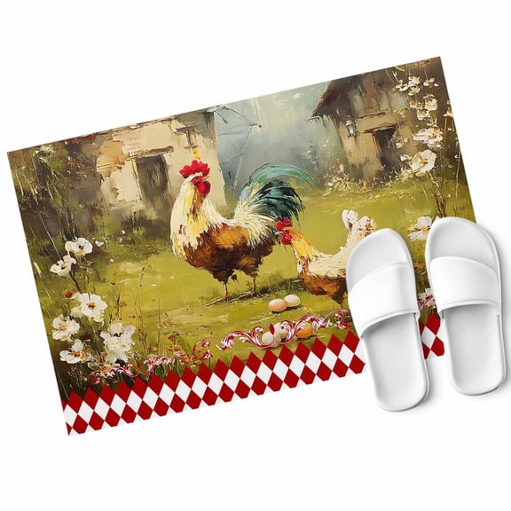 Farm Rooster Hen Door Mat Farmhouse Flower Vintage Oil Painting Non Slip Absorbent Entrance Mat Washable Low Profile Indoor Doormat for Front Door Entryway Entry 16"x24"