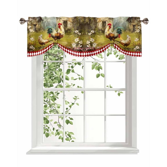 Farm Rooster Hen Tie Up Valances Curtain, Adjustable Kitchen Farmhouse Flower Vintage Oil Painting Valances for Windows Decor, Rod Pocket Short Curtains Set for Bedroom/Bathroom, 54"x18"