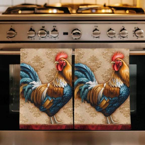 Farm Rooster Kitchen Towels Set of 2, Farmhouse Boho Animals Retro Pattern Absorbent Dish Towels for Kitchen, Microfiber Hand Towel, Quick Drying Tea Towel for Cleaning Decorative Dishcloths