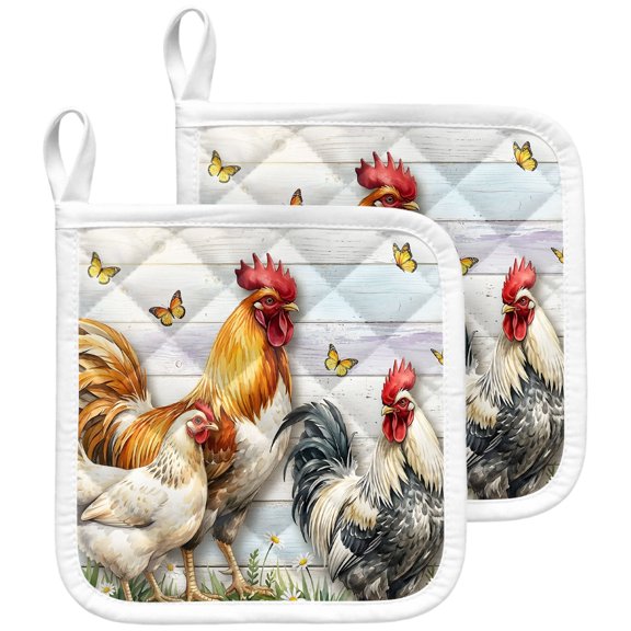 Farm Rooster Pot Holders for Kitchen Heatproof Potholder, 2 Pack Farmhouse Animals Butterflies Flowers Hot Pads Multipurpose Oven Pads Terry Cloth Potholders Trivet for Cooking and Baking