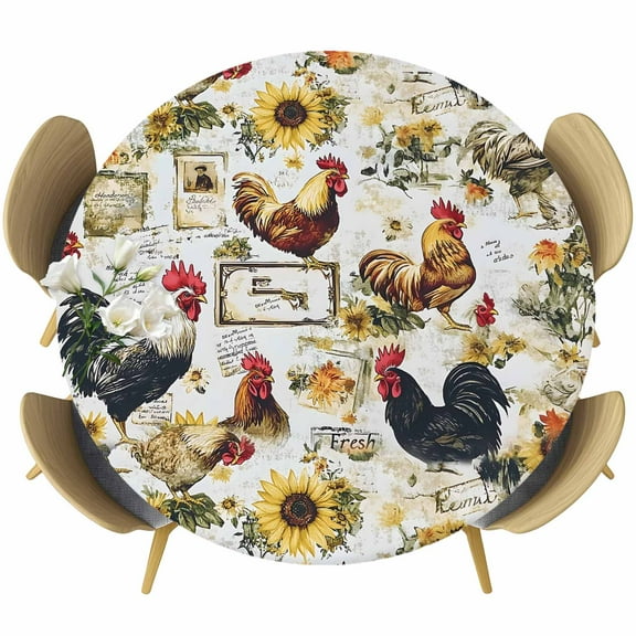 Farm Rooster Round Tablecloth 45-54 Inch Round Fitted Table Cloth with Elastic Edge, Vintage Farmhouse Animals Sunflower Waterproof Table Cover Protector for Outdoor Picnic Party Dining