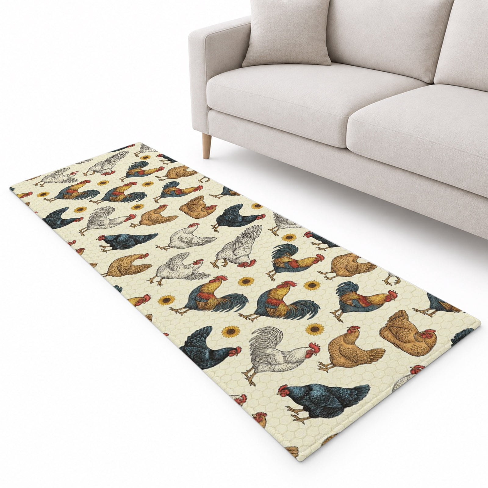 Farm Rooster Runner Rug 2'x6', Country Watercolor Brown Blue White ...