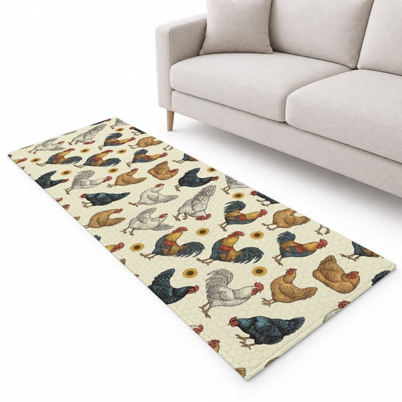 Farm Rooster Runner Rug 2'x6', Country Watercolor Brown Blue White ...