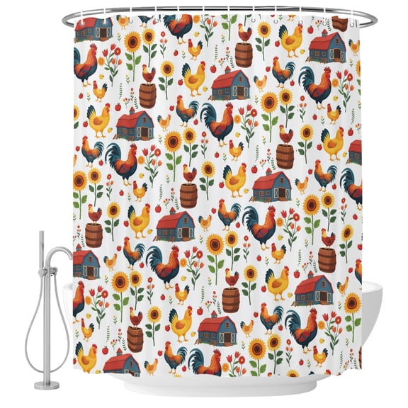 Farm Rooster Shower Curtain for Bathroom, Country Red Farmhouse Yellow Chicken Sunflower Flower Waterproof Machine Washable Shower Curtain Set with Hooks, Bath Decoration for Bathtub Stall 36"x72"