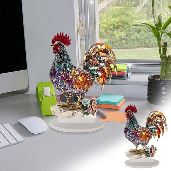 Farm Rooster Sign Table Decor 2D Acrylic Diamond Rooster Figurines Tabletop Centerpiece Signs for Table Shelf Mantel Decorations Home Office Decor Easter Gift