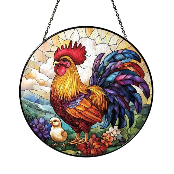 Farm Rooster Stained Glass Hanging Chick Scene Window Decor Rustic Animal Art