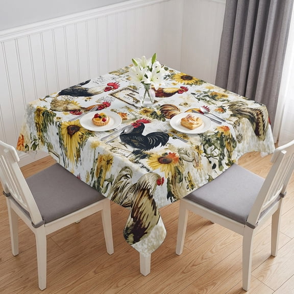 Farm Rooster Table Cloth Waterproof Tablecloths, Vintage Farmhouse Animals Sunflower Tablecloth Dining Table Cover for Kitchen Party Tabletop Outdoor, Square Tablecloth 54x54 Inch