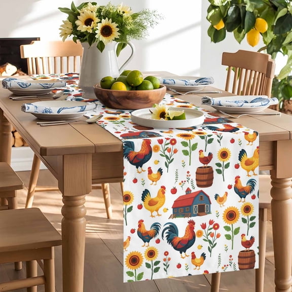 Farm Rooster Table Runner, Country Red Farmhouse Yellow Chicken Sunflower Flower Washable Kitchen Table Runners Dress Scarves for Dining Table Decorations Party/Restaurant/Indoor Outdoor Use, 13x36in