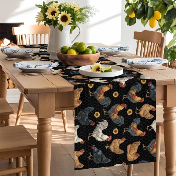 Farm Rooster Table Runner, Country Watercolor Brown Blue White Chicken Sunflower Black Washable Kitchen Table Runners Dress Scarves for Dining Table Decorations Party/Restaurant, 13x36in