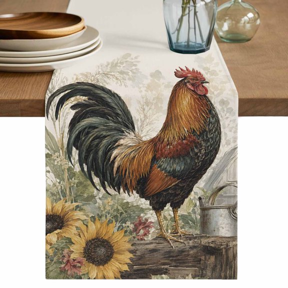 Farm Rooster Table Runner, Farmhouse Sunflowers House Plants Leaves Washable Cotton Linen Table Runners 36 Inches Long, Dresser Scarf Runner for Nightstand/End Tables/Round Tables 13''x36''