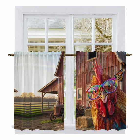 Farm Rooster Tier Curtains 54 Inch Length, Farmhouse Barn Funny Animals Butterfly Cafe Short Curtains for Bathroom Over Sink, Small Kitchen Curtain Light Filtering Tiered Drapes 2 Panels 27.5"Wx54"L