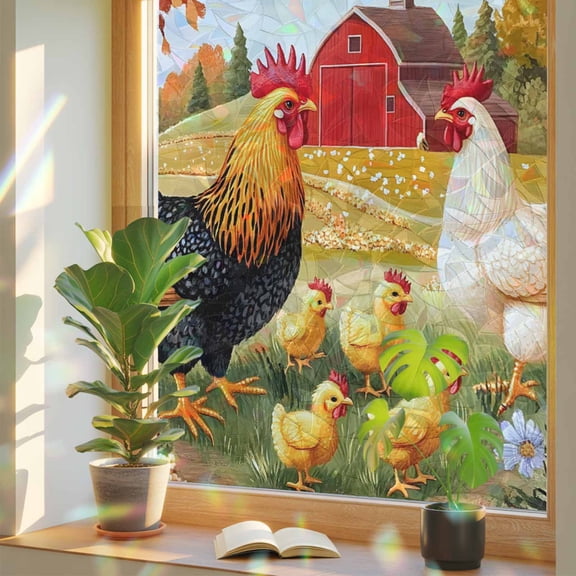 Farm Rooster Tree Barn Farmhouse Window Privacy Film, Rainbow Film Decorative Window Sticker 17.7x39.3in, Watercolor Flower Sun Blocking Static Stained Glass Cling Tint Non-Adhesive