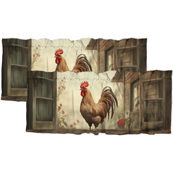 Farm Rooster Valance Rod Pocket Window Curtain for Kitchen Old Wooden Barn Flowers Retro Style Window Valance for Bedroom Bathroom Living Room Dining Room Valances Set 54 by 18 in, 2 Panel
