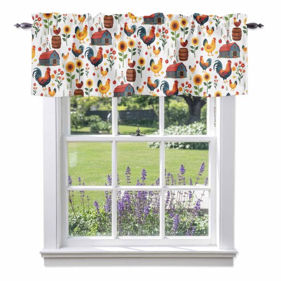 Farm Rooster Valances for Windows Country Red Farmhouse Yellow Chicken Sunflower Flower Rod Pocket Cafe Window Treatments Valance Curtains for Kitchen Bathroom Laundry Basement Windows 56"x16"
