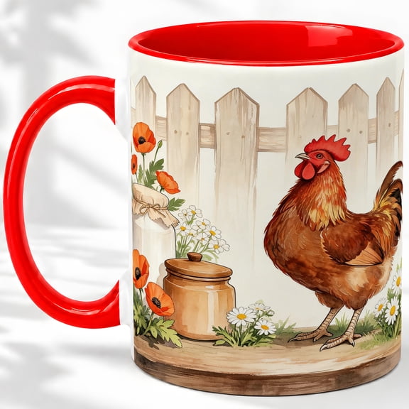 Farm Rooster Watercolor Coffee Mug, Chicken Rooster Mug, Rustic Kitchen Coffee, Wooden Fence with Poppies and Daisies, Brown Hen Garden Ceramic Cup Decor, Cottage Coop Art, Farmers