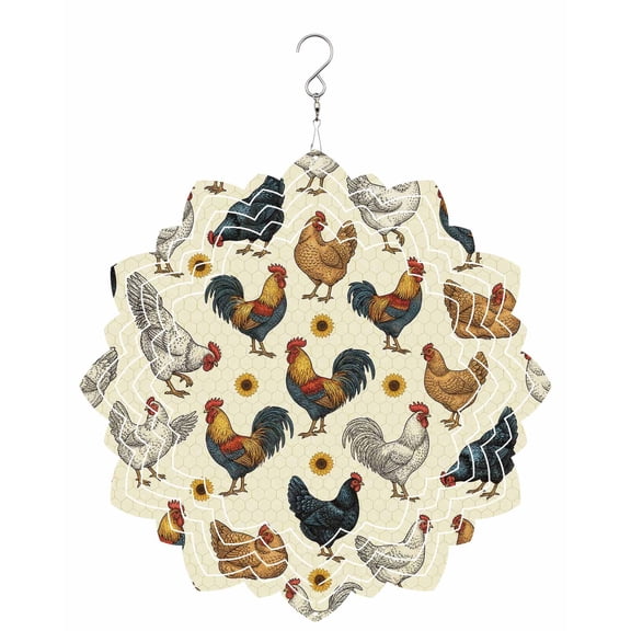 Farm Rooster Wind Spinner for Garden Yard 8In, Country Watercolor Brown Blue White Chicken Sunflower 3D Stainless Steel Kinetic Hanging Wind Spinners Rustproof Outdoor Decor for Lawn Patio Home