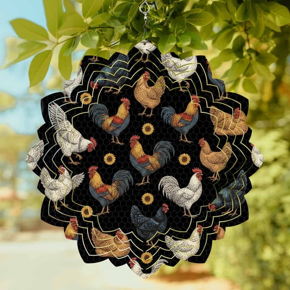 Farm Rooster Wind Spinner for Garden Yard 8In, Country Watercolor Brown Blue White Chicken Sunflower Black 3D Stainless Steel Kinetic Hanging Wind Spinners Rustproof Outdoor Decor for Lawn Patio Home