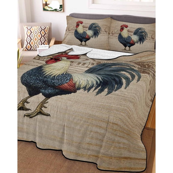 Farm Roosters King Size Down Alternative Comforter, Lightweight Comforter Quilt Bedding Set with Pillow Shams Farmhouse Farm Chicken Countryside Retro All Seasons Bed Comforter Duvet Insert 96"x106"