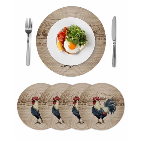 Farm Roosters Round 13 Inch Placemats Set of 4, Farmhouse Farm Chicken Countryside Retro HeatResistant Non Slip Place Mats for Dining Table, Wipeable Braided Kitchen Table Mats for Housewarming