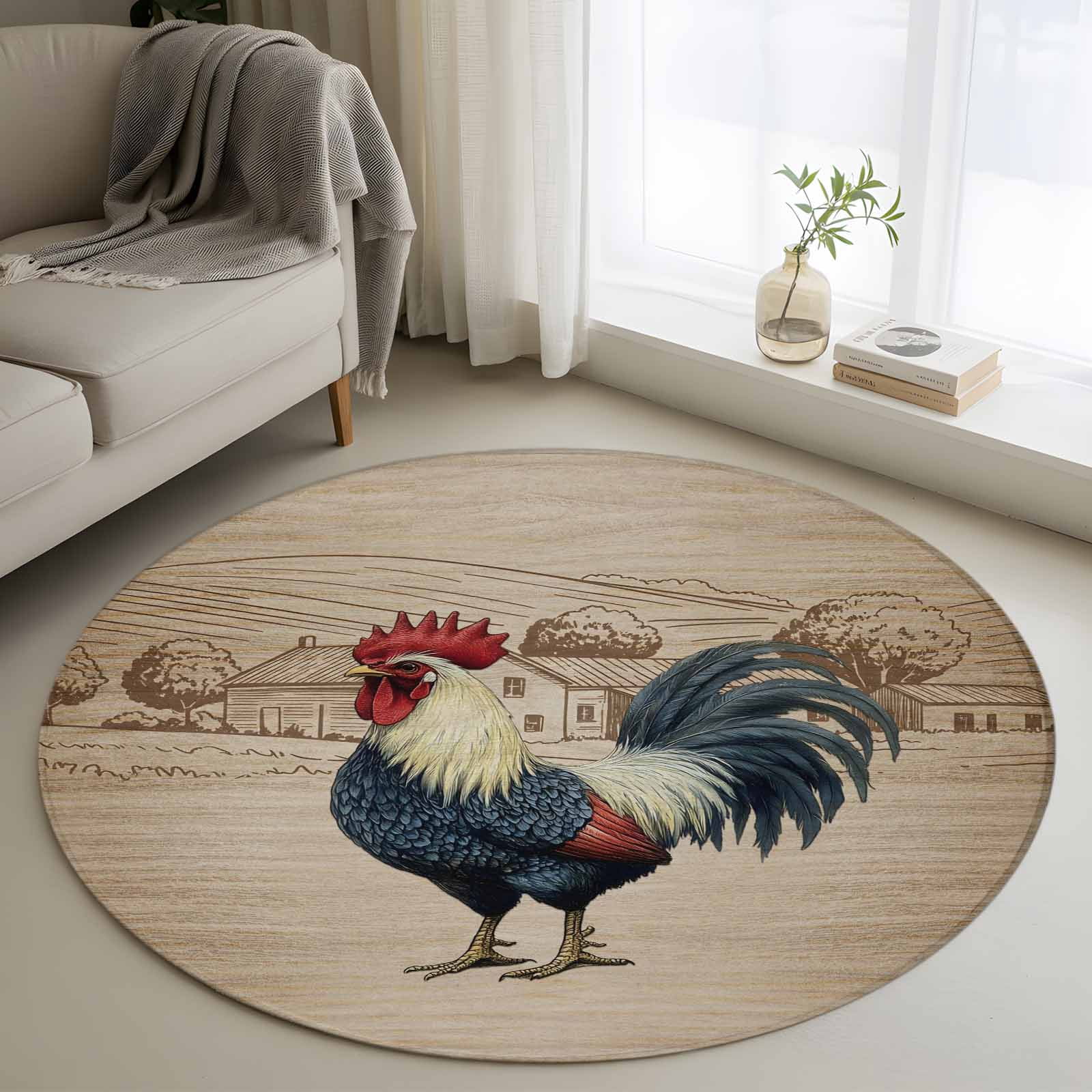 Farm Roosters Round Area Rug 3Ft Washable Small Circle Rugs for Kitchen ...