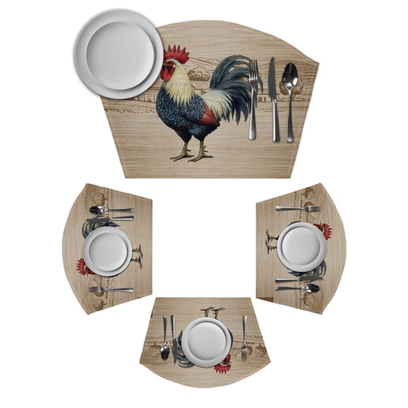 Farm Roosters Round Table Placemats Set of 2 Wedge Placemats, Farmhouse Farm Chicken Countryside Retro Place Mats for Dining Table Set Washable Mats Kitchen Decor for Indoor Outdoor Wipe Clean