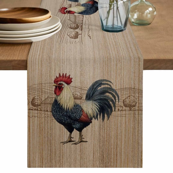 Farm Roosters Table Runner, Farmhouse Farm Chicken Countryside Retro Washable Cotton Linen Table Runners 36 Inches Long, Dresser Scarf Runner for Nightstand/End Tables/Round Tables 13''x36''