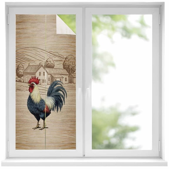 Farm Roosters Window Privacy Film, Farmhouse Farm Chicken Countryside Retro Static Cling UV Sun Blocking Heat Control Window Tint Day and Night, Non-Adhesive One Way Privacy Cover 17.7''x39.3''