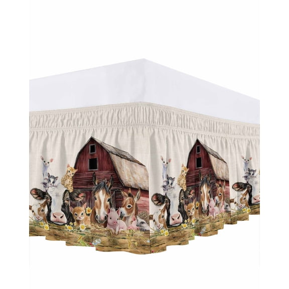 Farm Ruffle Bed Skirt Queen Size Barn Horse Sheep Cat Animal Country Retro Linen Background Adjustable Elastic Dust Bed Skirts Wrap Around Bedskirt Wrinkle Free Easy Fit with 18 Inch Drop