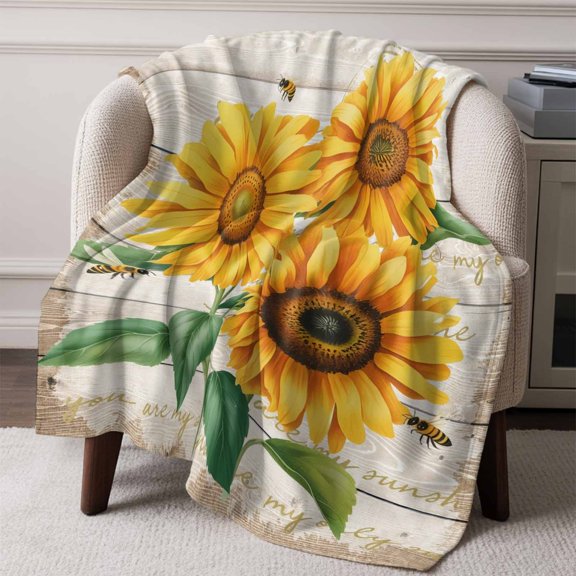 Farm Rural Sunflower Bee Throw Blanket Flannel Fleece Throws, Retro Country Wood Plank Lightweight Super Soft Warm Blankets for Couch Sofa Bed All Season Use, 50x60 in