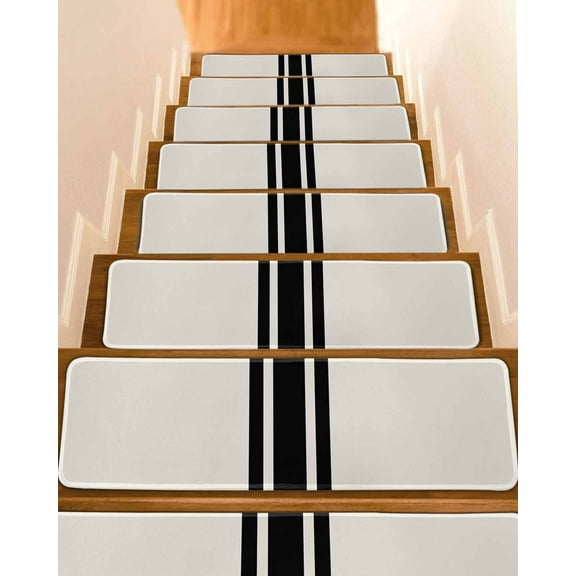 Farm Rural Theme Black Stripes Stair Treads for Wooden Steps Indoor Runner Rug Carpet, 15 Pieces Peel and Stick Staircase Step Treads Covers Washable Throw Door Mats, 30"x8"