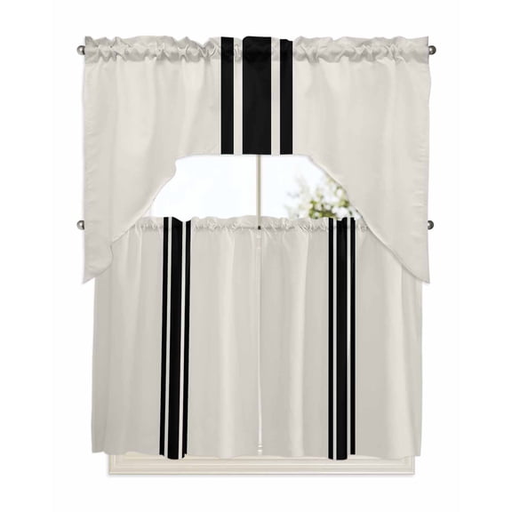 Farm Rural Theme Black Stripes Swag Valance and Tier Curtains 36'' Length Set, Light Filtering Kitchen Curtains, Tier Curtain Valances for Bathroom/Living Room/Bedroom/Café