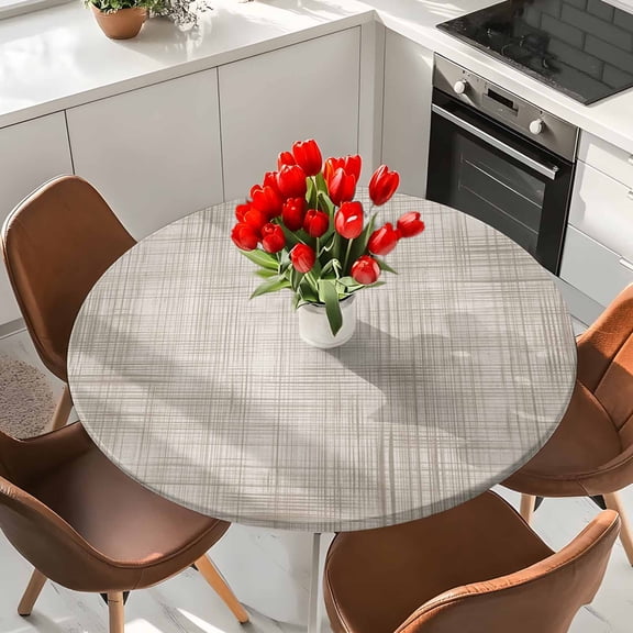 Farm Rustic Burlap Linen Texture Round Fitted Tablecloth with Elastic Edge,Waterproof Table Cloth Fits 36"-44" Tables,Wipeable Table Cover for Indoor Outdoor Dinning,Vintage Lattice Lines Stripe