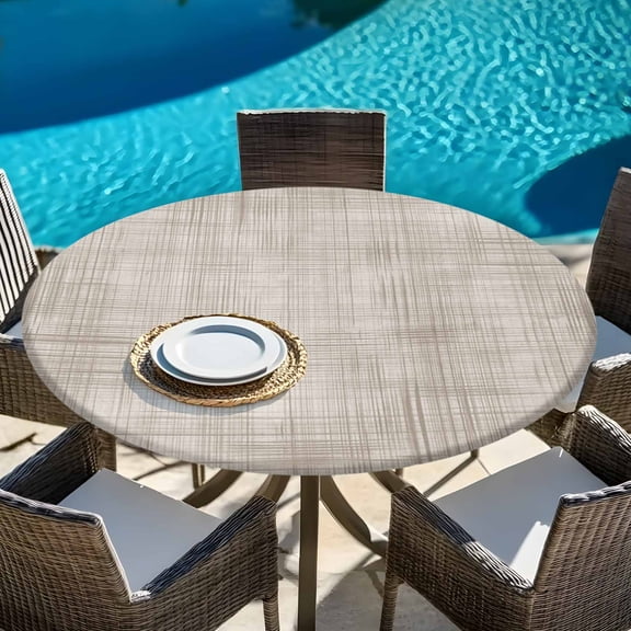 Farm Rustic Burlap Linen Texture Round Fitted Tablecloth with Elastic Edge,Waterproof Table Cloth Fits 45"-54" Tables,Wipeable Table Cover for Indoor Outdoor Dinning,Vintage Lattice Lines Stripe
