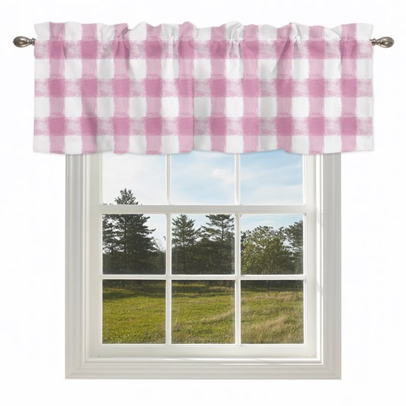 Farm Rustic Pink Buffalo Plaids Valances for Windows Watercolor Rural Lattice Grid Rod Pocket Curtain Valance Window Treatment Short Curtains for Kitchen Living Room,42x12in