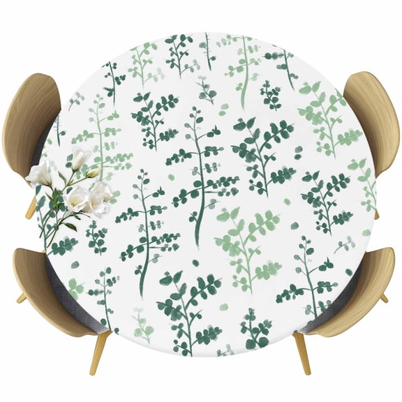 Farm Sage Green Leaves Round Fitted Tablecloth with Elastic Edge, Country Style Plant Leaf Rustic Floral Stretch Table Covers for 36"-44" Tables Wipeable Table Cloth for Outdoor