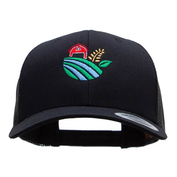 Farm Scape Embroidered Retro Trucker Cap - Black OSFM