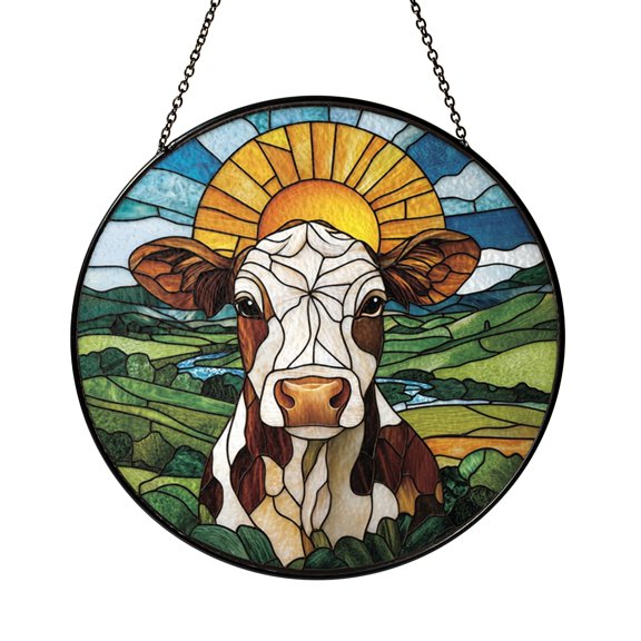 Farm Scene Cow Stained Glass Window Panel, Bright Countryside Decor Accent for Rustic Homes