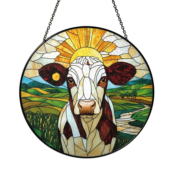 Farm Scene Cow Stained Glass Window Panel Featuring Rural Landscape Decorative Glass Art for Home Window Decor